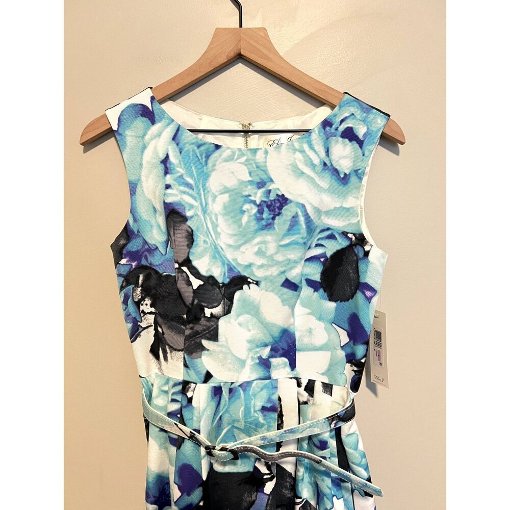 NWT Eliza J Faille Sheath Belted Floral Blue Mini Dress Pockets Women's Size 6 - Picture 7 of 12